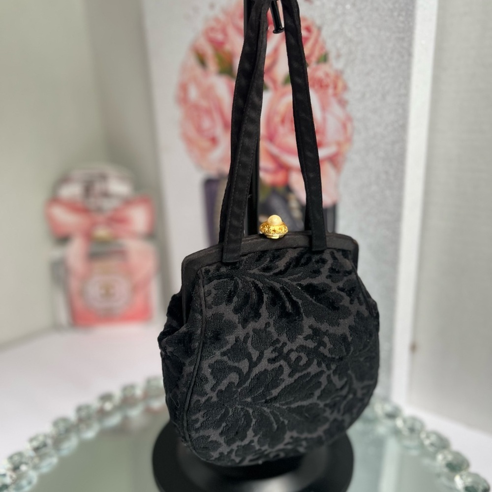 INGER vintage 1950’S Sophisticated Black Floral with Gold Accent  handbag